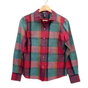 Harold’s Holiday Plaid Raw Silk Plaid Blouse Top Cranberry Red Black Size 4